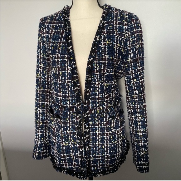 HALOGEN Tweed Blue Navy Textured Fringe Casual Blazer Jacket Button Pockets XS - Picture 8 of 13